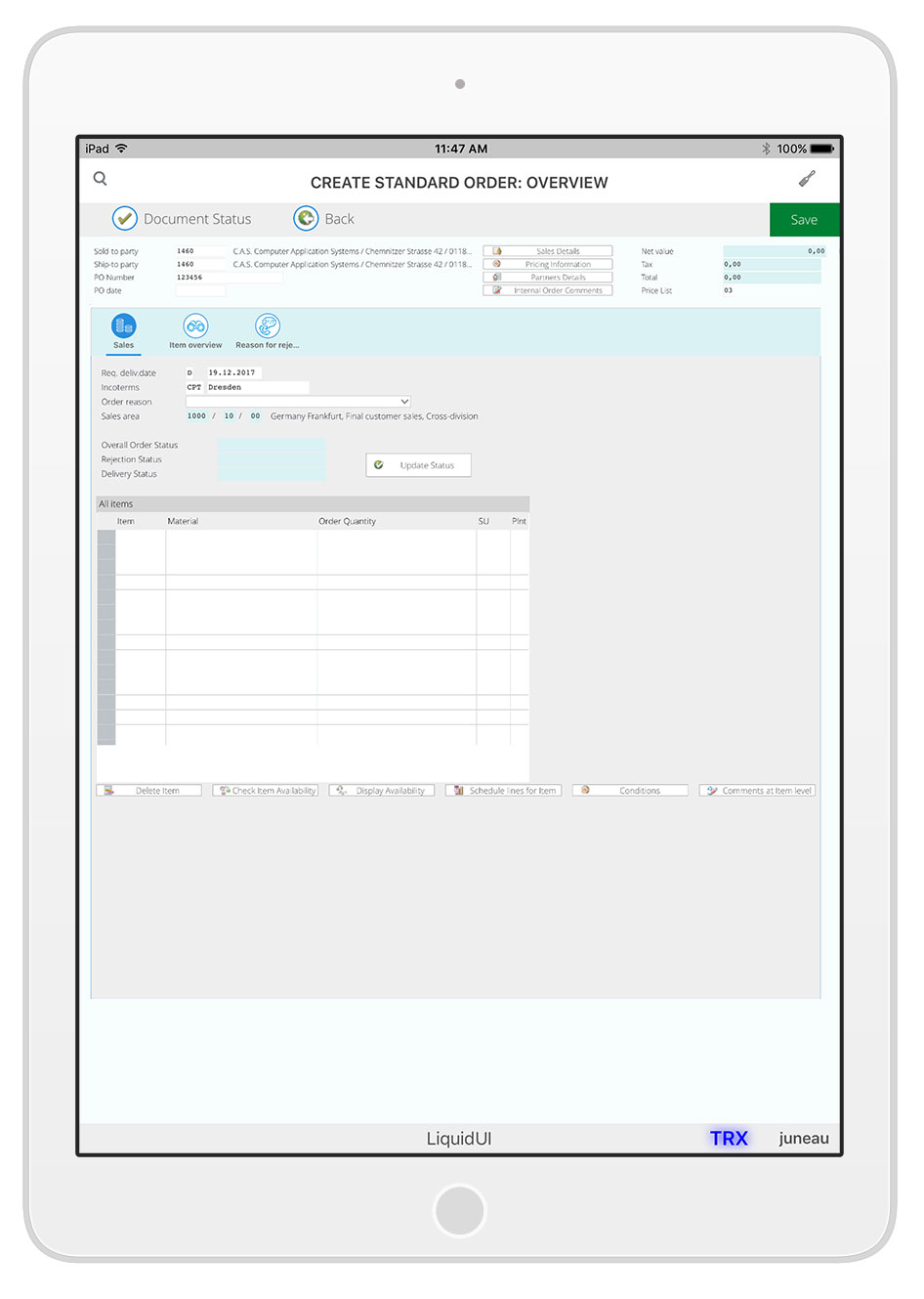 Liquid UI for iOS - SAP SD - Create Standard Order