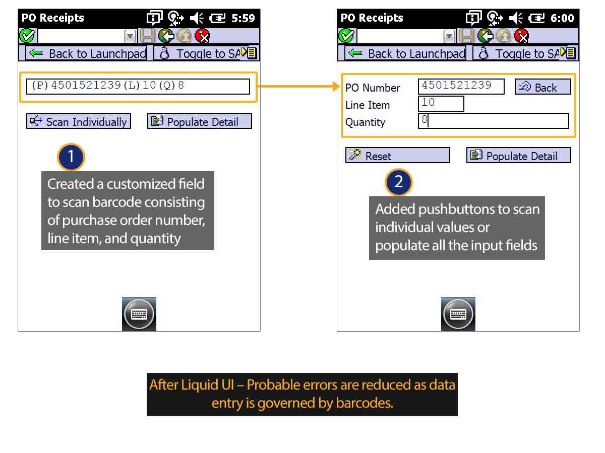 Liquid UI for Handheld Scanguns - SAP MM - Purchase Order